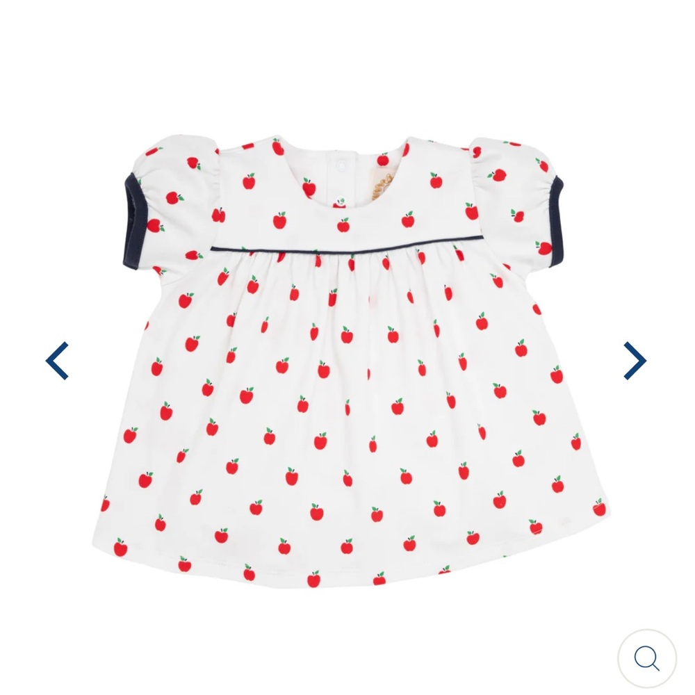 TBBC Puff Sleeve Dowell Day Top 
Egerton Apples with Nantucket Navy